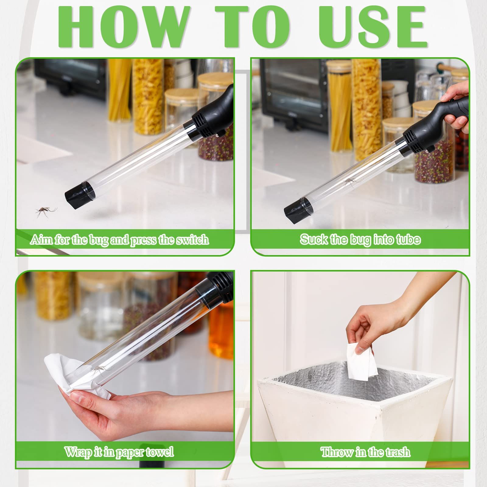 Bug Vacuum Catcher for Adults and Kids with Long Nozzle, Battery Powered Sucker Tool for Spider Cockroach Stink Bug, Humane Insect Vacuum Catcher with LED