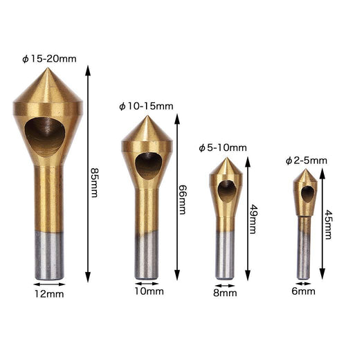 4pcs Titanium Coated Countersink Chamfer Tool Deburring Tool Set Metal Wood Drill Bits 2-5mm 5-10mm 10-15mm 15-20mm （gold)