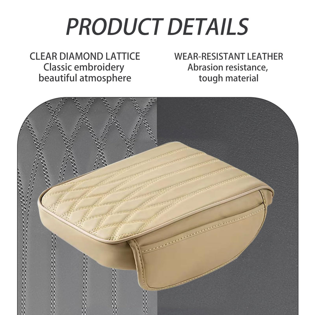 Car Center Console Cover, Leather Car Armrest Box Cover, 12.5" x 8.6" x 1.9" Arm Rest Pad with Pockets, Soft Auto Armrest Storage Box Protector, Universal Interior Car Accessories (Beige)