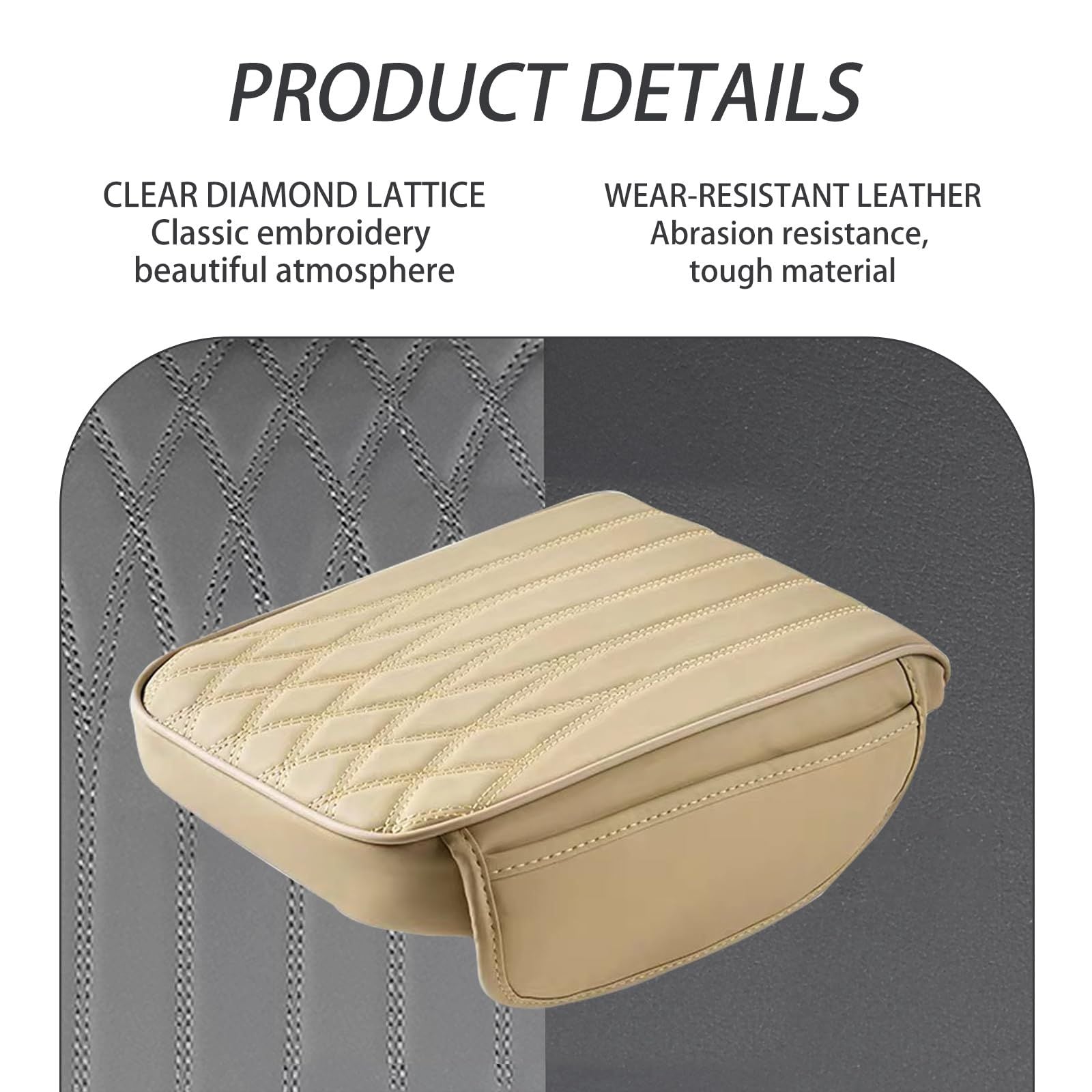 Car Center Console Cover, Leather Car Armrest Box Cover, 12.5" x 8.6" x 1.9" Arm Rest Pad with Pockets, Soft Auto Armrest Storage Box Protector, Universal Interior Car Accessories (Beige)