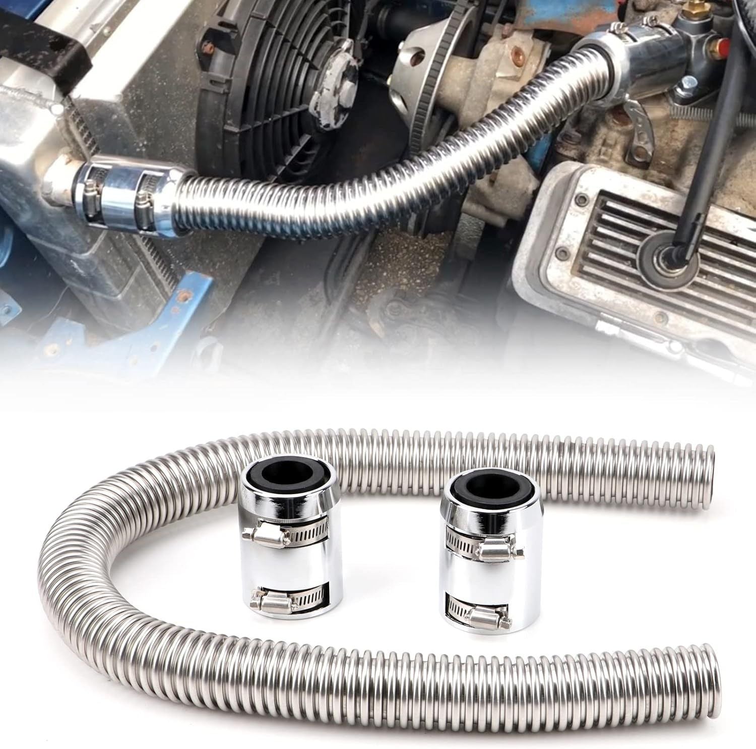 36" Stainless Steel Radiator Hose Flexible Universal Water Hoses Adapter Coolant Radiator Hose Kit With Caps（Random color）