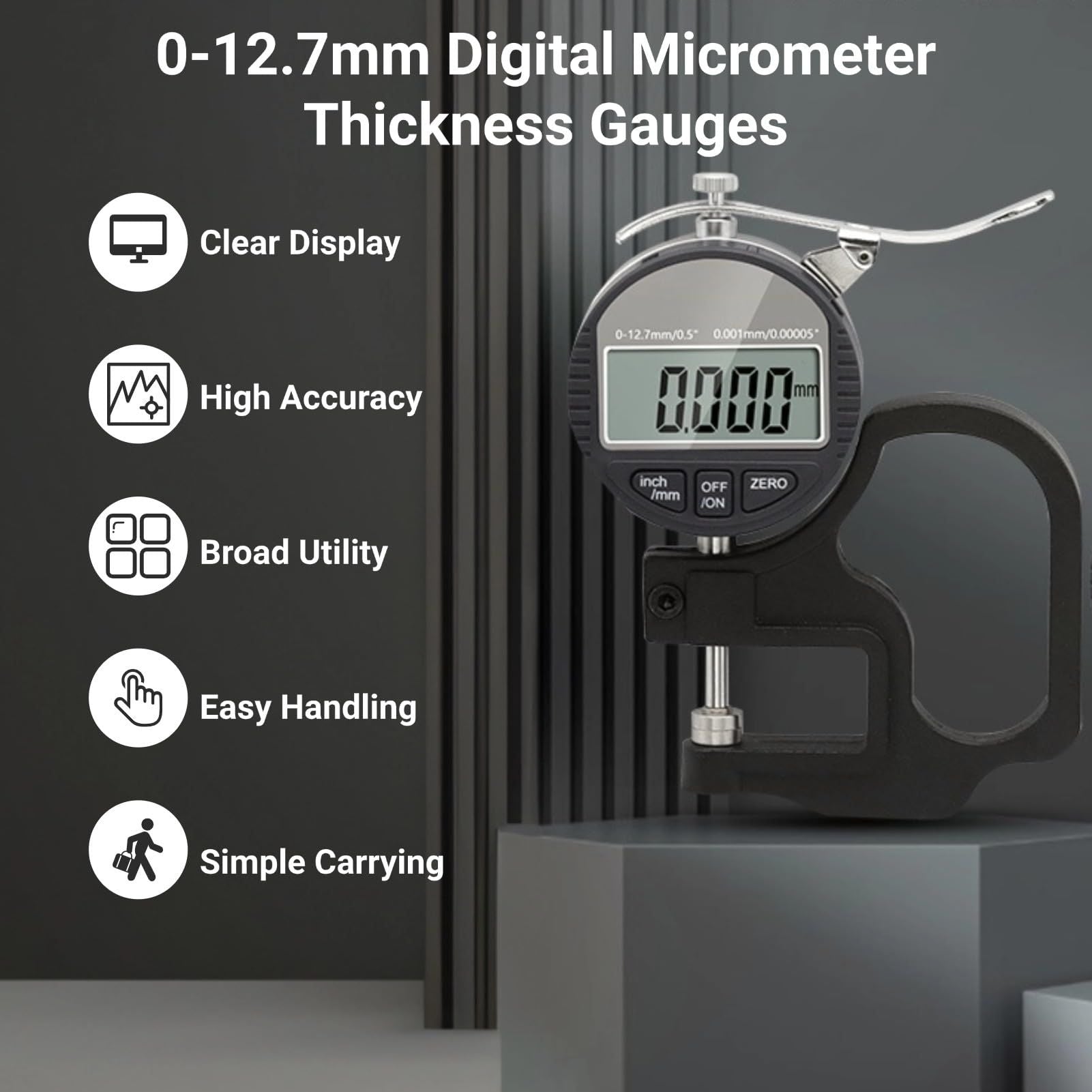 Digital Thickness Gauge, Thickness Micrometer Meter, 0 to 12.7mm Digital Display Measuring Tool with LCD Display, for Paper Film (0.001mm Accuracy)