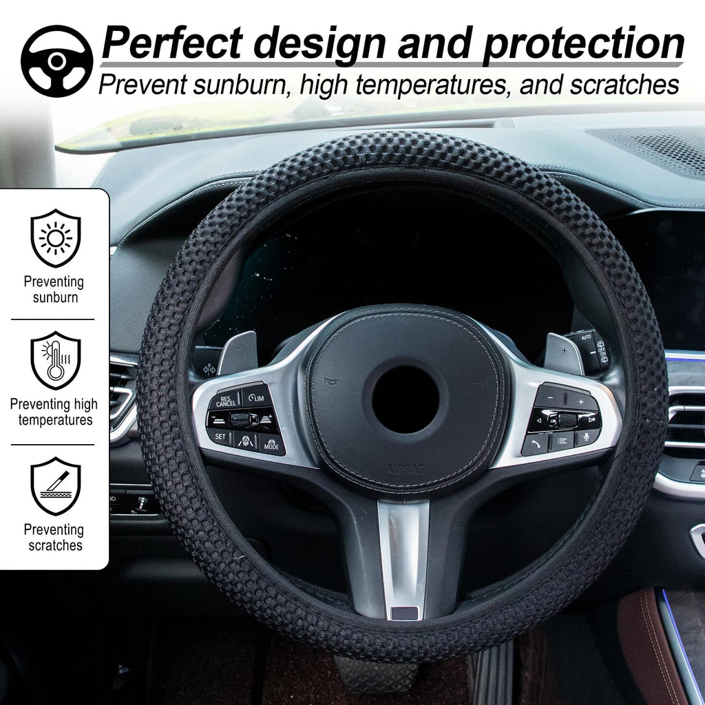 Elastic Stretch Steering Wheel Cover,Warm in Winter and Cool in Summer, Universal 15 inch, Microfiber Breathable Ice Silk, Anti-Slip, Odorless, Easy Carry,Black