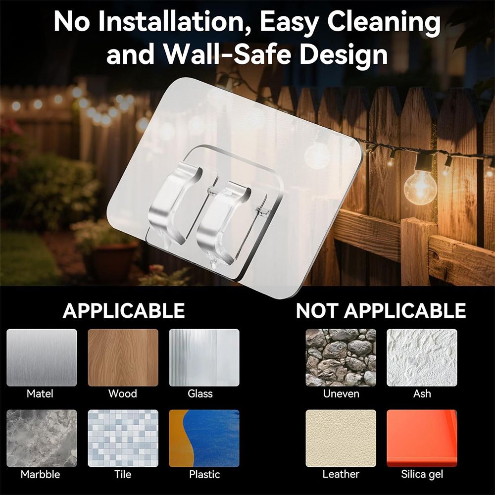 Hooks for Outdoor String Lights Clips: 50Pcs Heavy Duty Light Hook with Waterproof Adhesive Strips - Outside Clear Cord Holders for Hanging Christmas Lighting - Outdoors Sticky Clip
