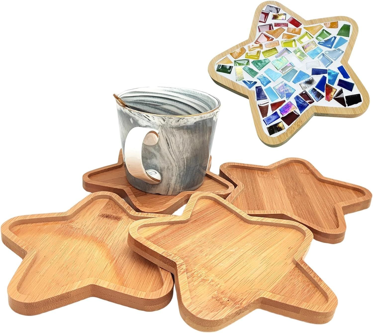 4PCS Mosaic Bamboo Coasters for Crafts, Blank Base Trays, Drinking Cup Coaster, Plant Coaster, Art Plate,DIY Mosaic Supplies (Star)