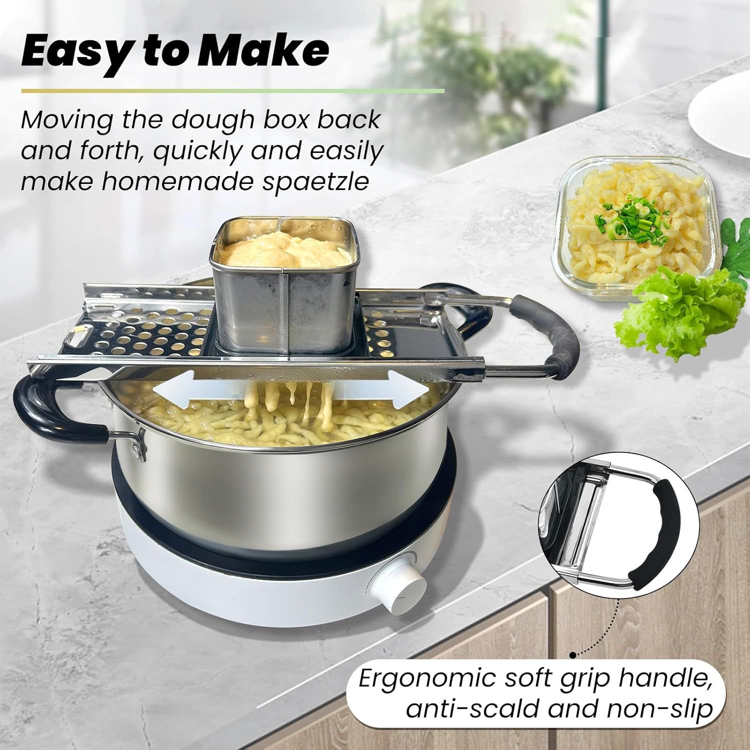 Spaetzle Maker, Premium Grade Stainless Steel Spaetzle Press, Efficient Homemade Spaetzle and Knoepfle, Dishwasher Safe Spaetzle Noodle Maker with Comfort Handle for Pots Up to 30 CM