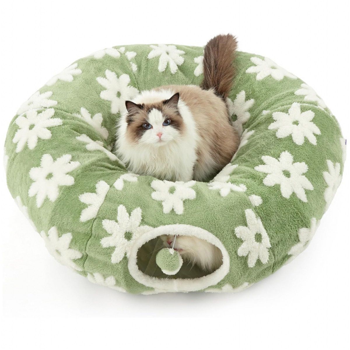 Cat Tunnel Bed for Indoor Cats - Cute Cat Donut Tunnel Toys for Small Large Cats with Washable Circle Cushion, Round Pet Peekaboo Cave Toy for Kitten/Puppy/Rabbit, Standard Flower Garden Green
