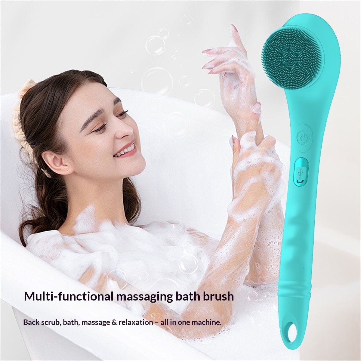 Electric Body Brush Back Scrubber Silicone Body Scrubber Two-Way Rotating Brush Head for Deep Cleaning, Exfoliation, 4 Attachments Long Handle IPX6 Rechargeable Shower Brush (Blue)
