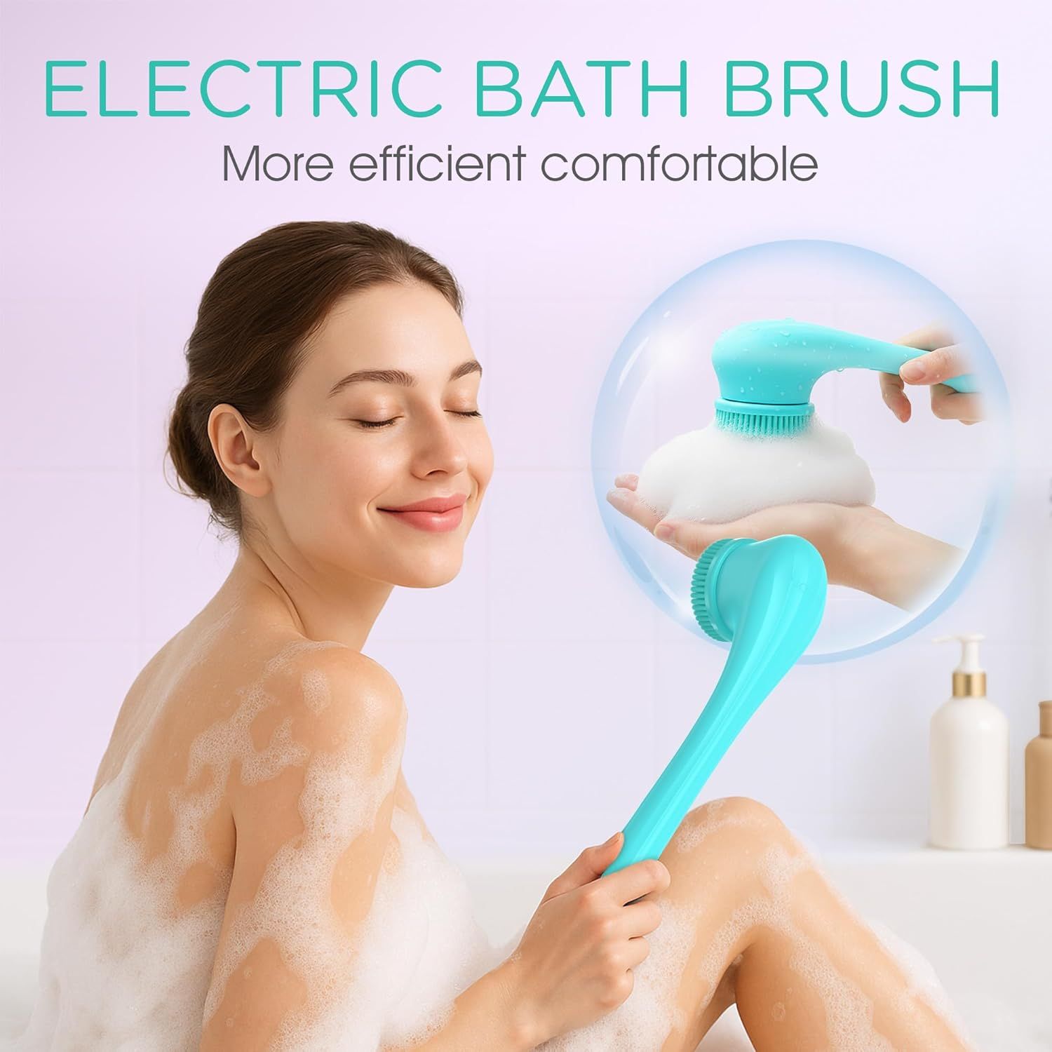 Electric Body Brush Back Scrubber Silicone Body Scrubber Two-Way Rotating Brush Head for Deep Cleaning, Exfoliation, 4 Attachments Long Handle IPX6 Rechargeable Shower Brush (Blue)