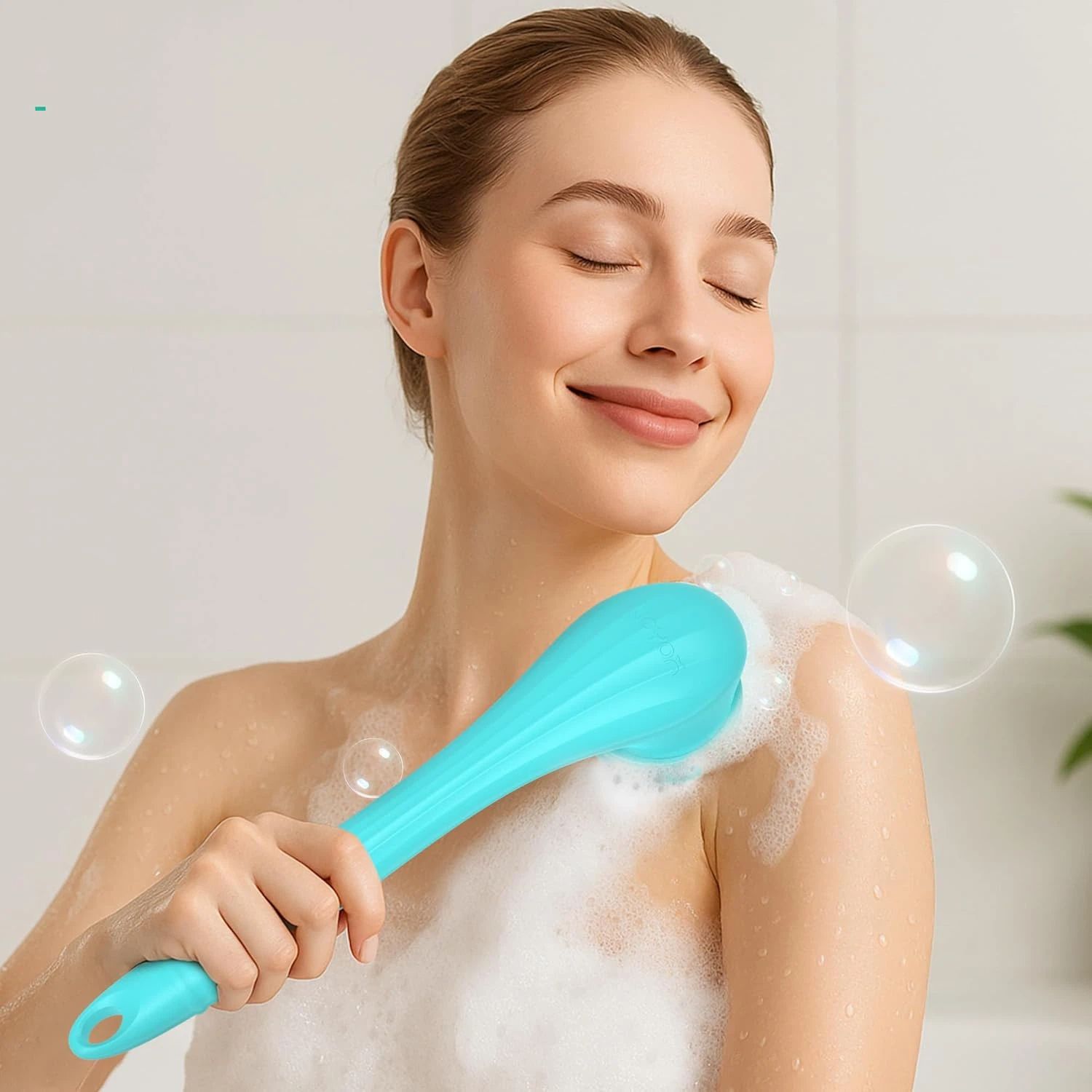 Electric Body Brush Back Scrubber Silicone Body Scrubber Two-Way Rotating Brush Head for Deep Cleaning, Exfoliation, 4 Attachments Long Handle IPX6 Rechargeable Shower Brush (Blue)