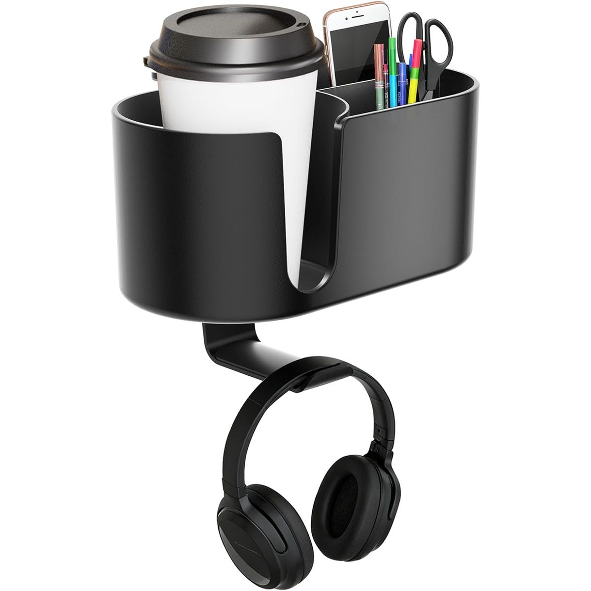4 in 1 Desk Cup Holder - Clamp on Under Desk Headphone Hanger - Rotating Headphone Holder Detachable Pen Cup Holder Desktop Storage for Cup, Phone and Pen(Black)