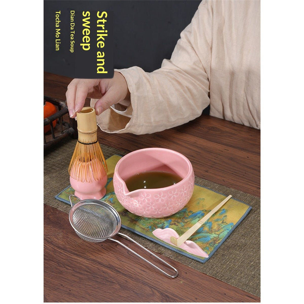 7pcs Matcha Whisk Set- Matcha Set includes Matcha Whisk and Bowl with Spout, Sifter, Holder and Scoop- The Perfect Bamboo Whisk for Matcha Tea (Pink Flowers)