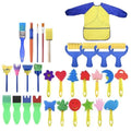 Paint Sponges for Kids,31 pcs of Fun Paint Brushes for Toddlers.Coming with Roller,Flower Pattern Brush, Brush Set, Long Sleeve Waterproof Apron with  Roomy Pockets