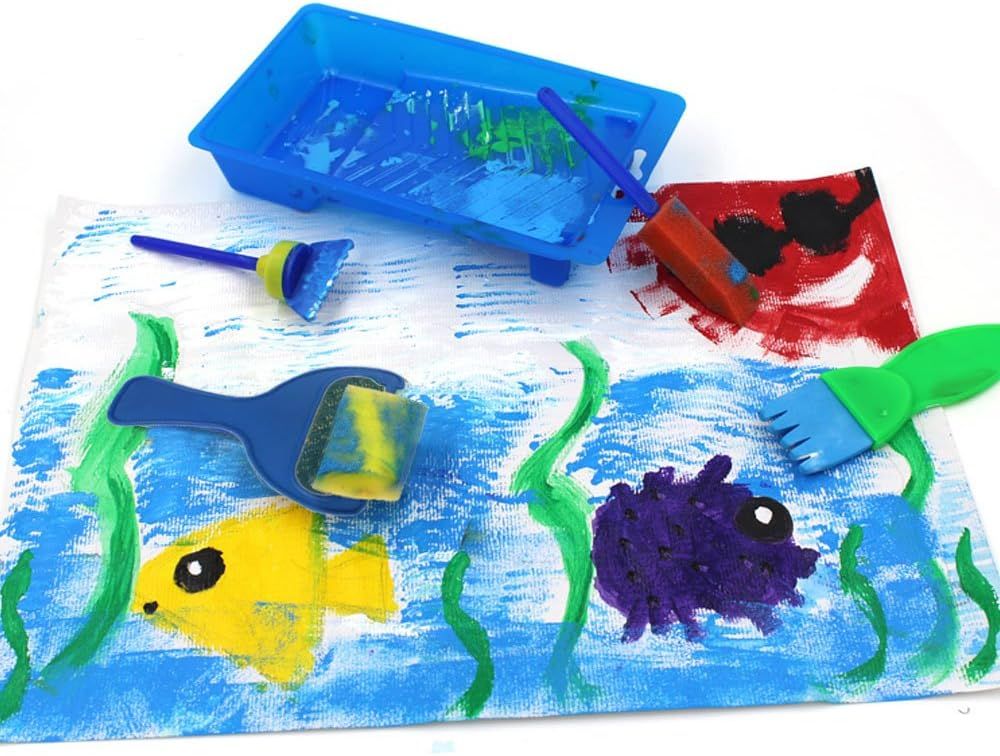 Paint Sponges for Kids,31 pcs of Fun Paint Brushes for Toddlers.Coming with Roller,Flower Pattern Brush, Brush Set, Long Sleeve Waterproof Apron with  Roomy Pockets
