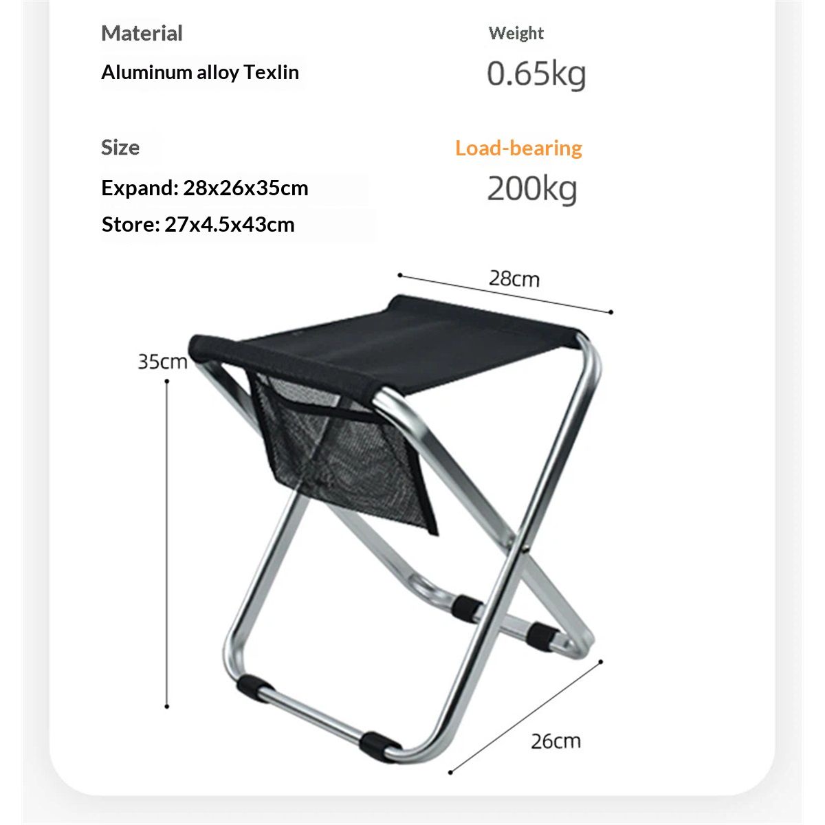 Camping Stool, Portable Folding Stool XXL  Size Camping Stool for  Adults Supports up to 200Kg black