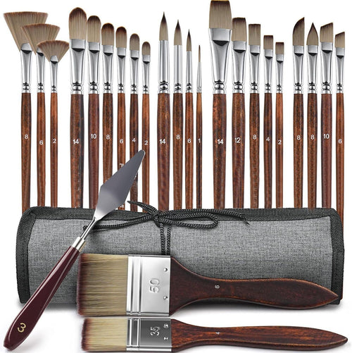 24 Pieces Paint Brushes, Expert Synthetic Nylon Bristles Paint Brush Kit with Palette Knife & Suede Leather Roll, Paint Brushes Set for Oil, Acrylic, Watercolor, Gouache and Detail Paintings