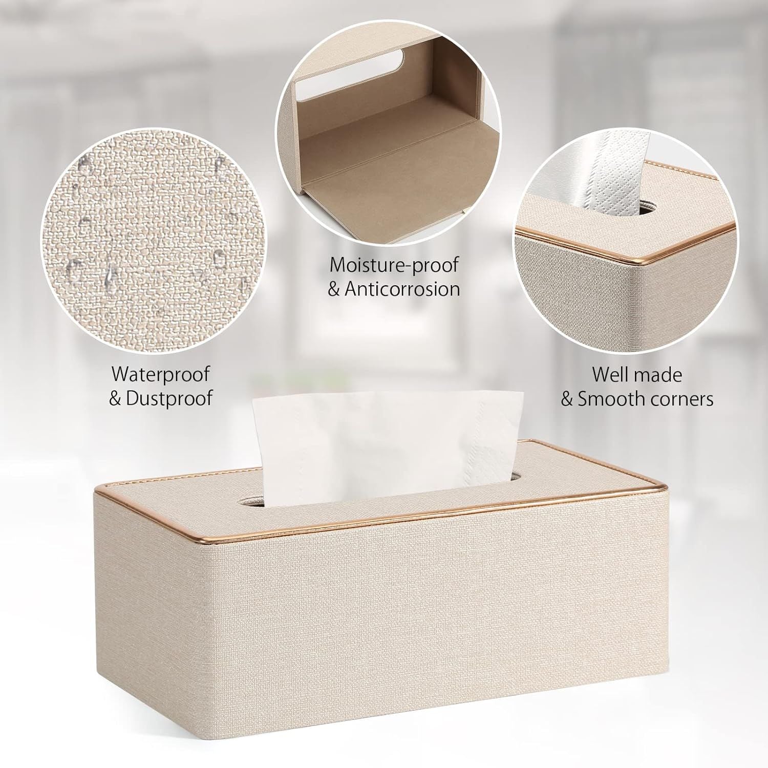 Fashion Leather Tissue Box Holder,Rectangular Tissue Box Cover for Bathroom Dresser Night Stand,Napkin Box Drawer Paper Dispenser,Home Office car Tissue Holder with Magnetic Bottom (Beige)