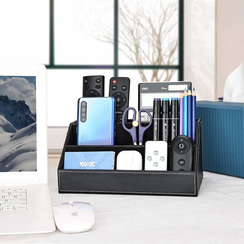 Pu Leather Desk Organizer with 5 Compartments Holder, Multi-Functional Office Supplies Storage Caddy for Pen/Pencil, Phones, Remote Controller and Desktop Accessorie Black（Only storage box）