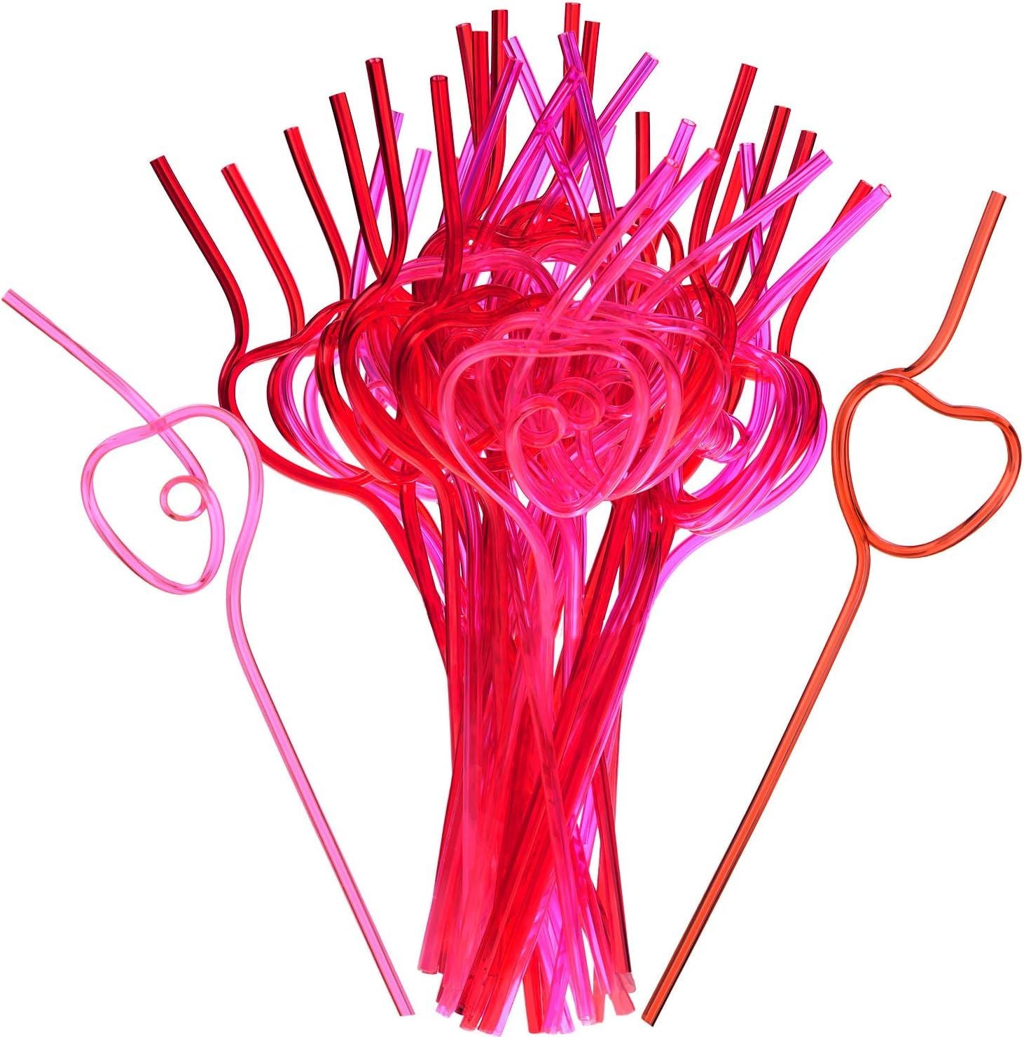 40 Pieces Valentines Plastic Straws Heart Shaped Drinking Straws Decorative Heart Straws for Valentine's Day Wedding Party Supplies, Red and Pink