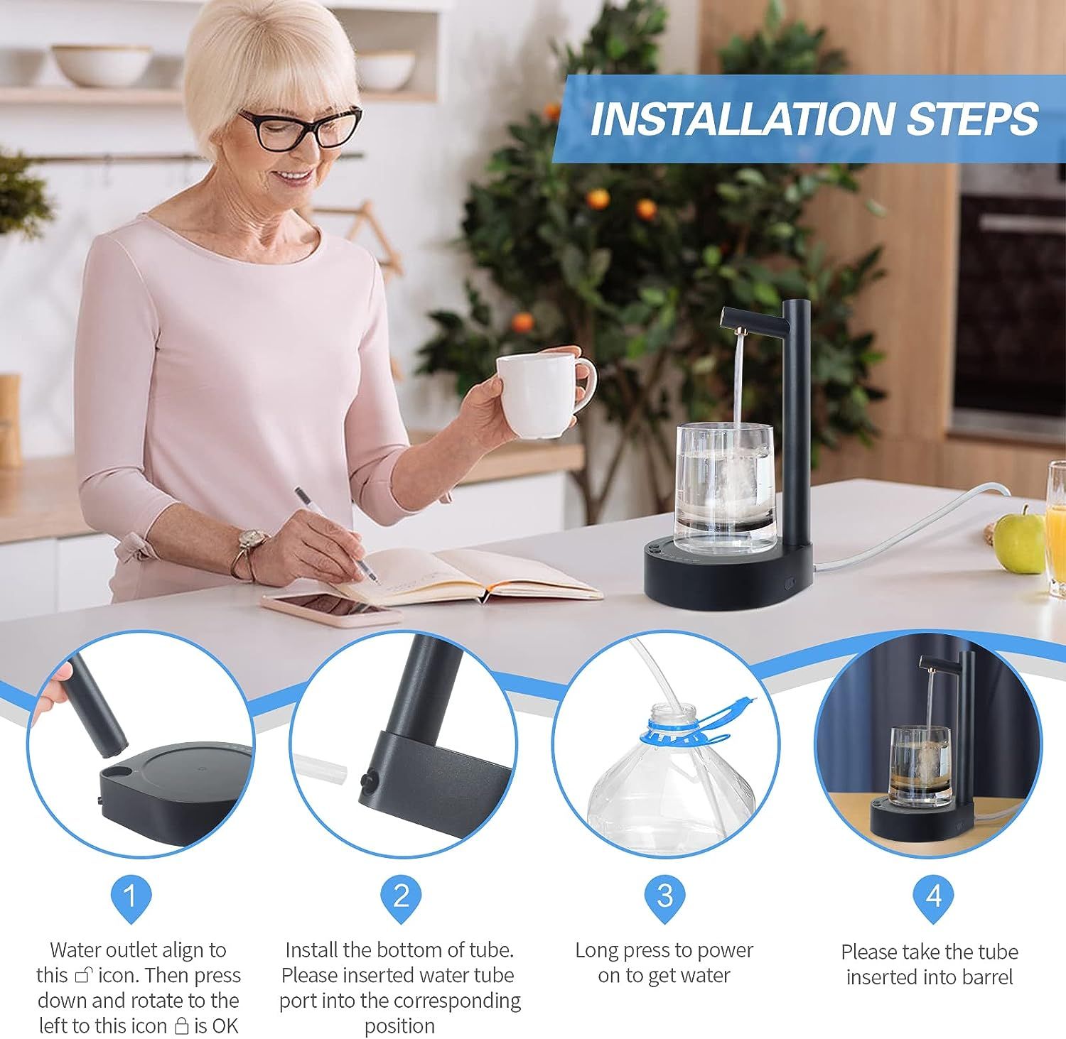 Desktop Water Bottle Dispenser, Portable Electric Water Bottle Pump Countertop for 5 Gallon & Universal Bottles, USB Charging Automatic Water Jug Dispenser for Bedside, Home, Office, Outdoor