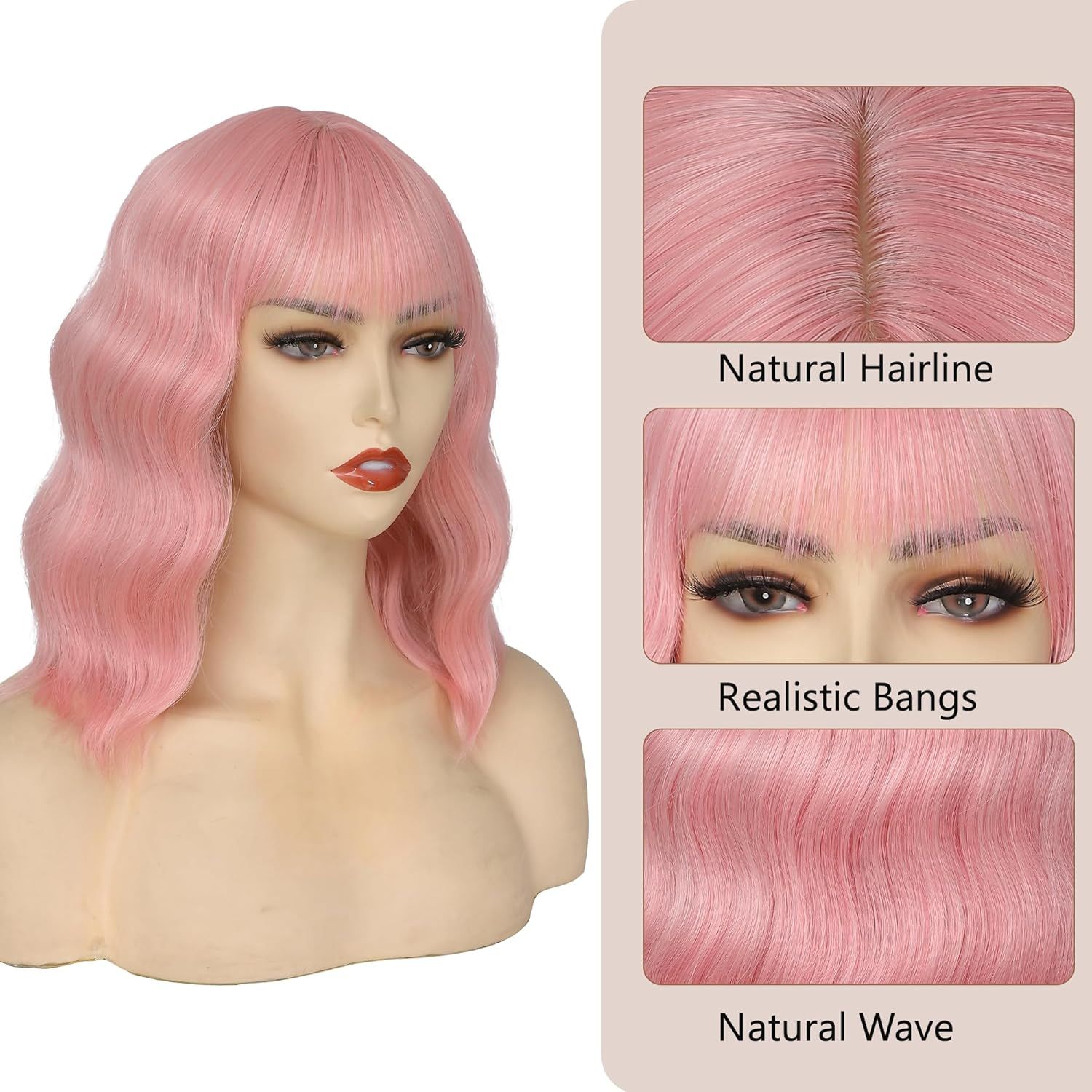 14Inches Loose Wave  Wig Wavy Pink Bob Wig with Air Bang Curly Hair Wigs Synthetic Cosplay Party Wigs for Women (14Inches,Solid Pink)
