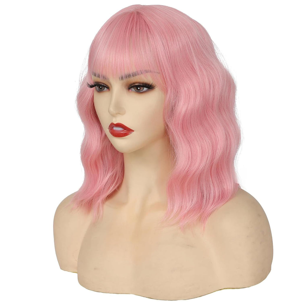 14Inches Loose Wave  Wig Wavy Pink Bob Wig with Air Bang Curly Hair Wigs Synthetic Cosplay Party Wigs for Women (14Inches,Solid Pink)