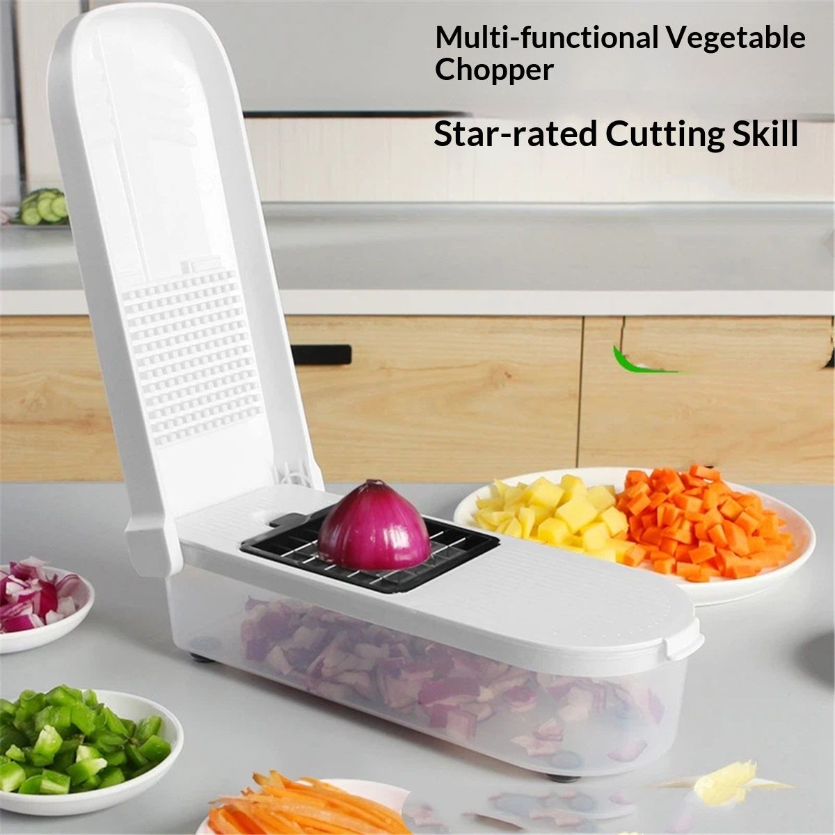 Vegetable and Fruit Chopper with  Base, Stainless Steel Blades, Dishwasher Safe Veggie Slicer, Dicer, Cutter for Onions, Potatoes, and More - White Container Included