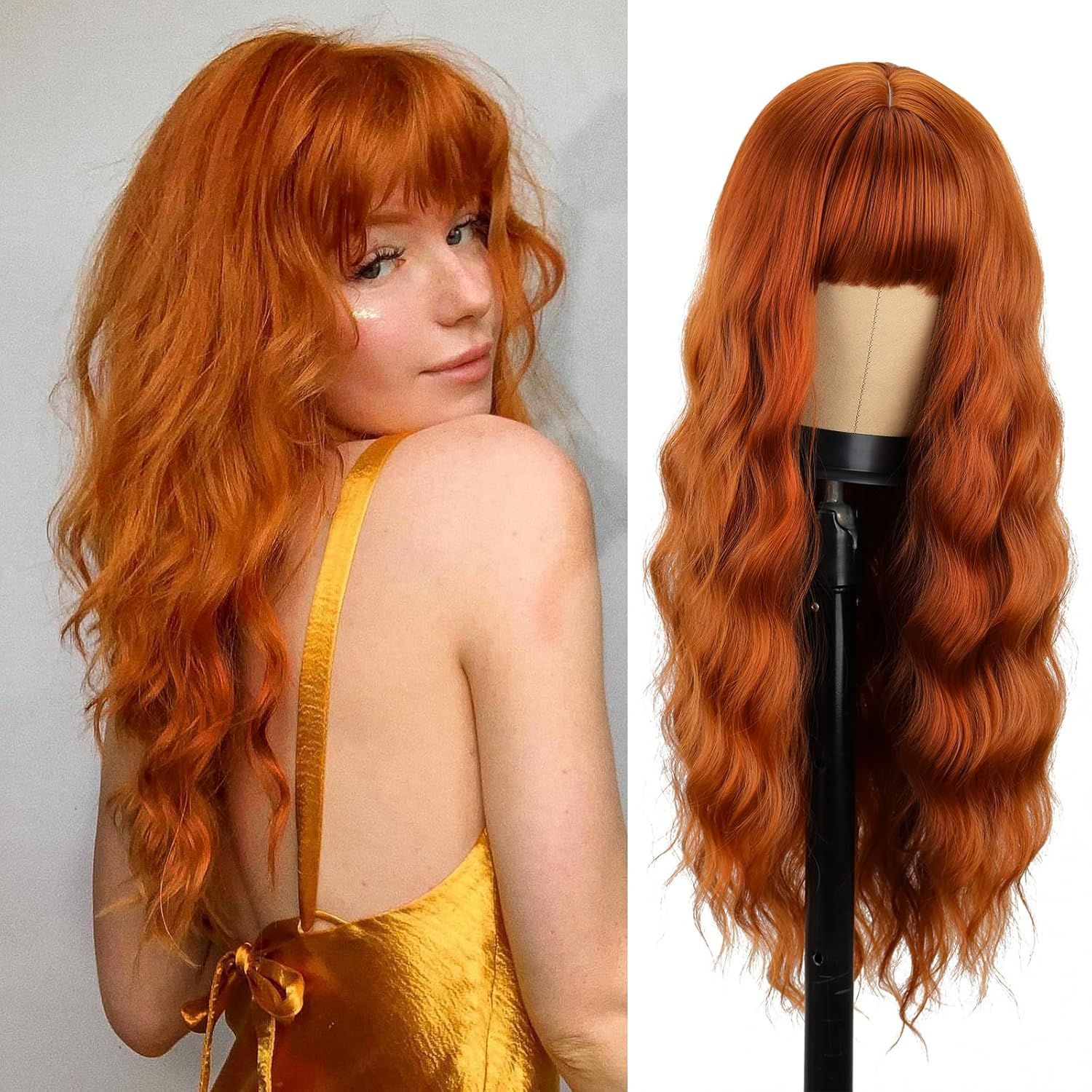 Long Orange Wig with Bangs,Ginger Wavy Wigs for Women,26 Inches Heat Resistant Synthetic Orange Wig For Daily Cosplay Party Use