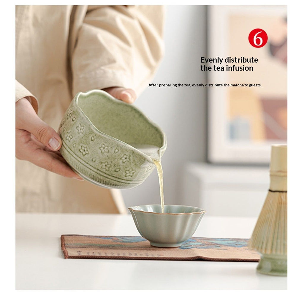 Matcha Whisk Set, Ceramic Matcha Kit Set Includes Matcha Bowl, and Holder, Bamboo Scoop, Scoop Rest, Sifter and Tea Towel - 8 Pcs Matcha Kit for Matcha Lovers (Mottled Green)