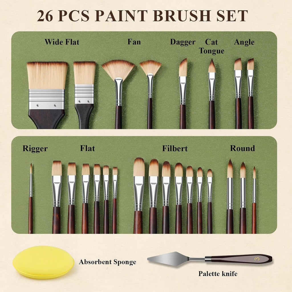 25pcs Paint Brush Set, Travel Watercolor Acrylic Paint Brushes with Flat, Fan, Dagger, Cat Tongue, Round, Palette Knife, Professional Paintbrush Kit for Artist, Oil, Face Painting