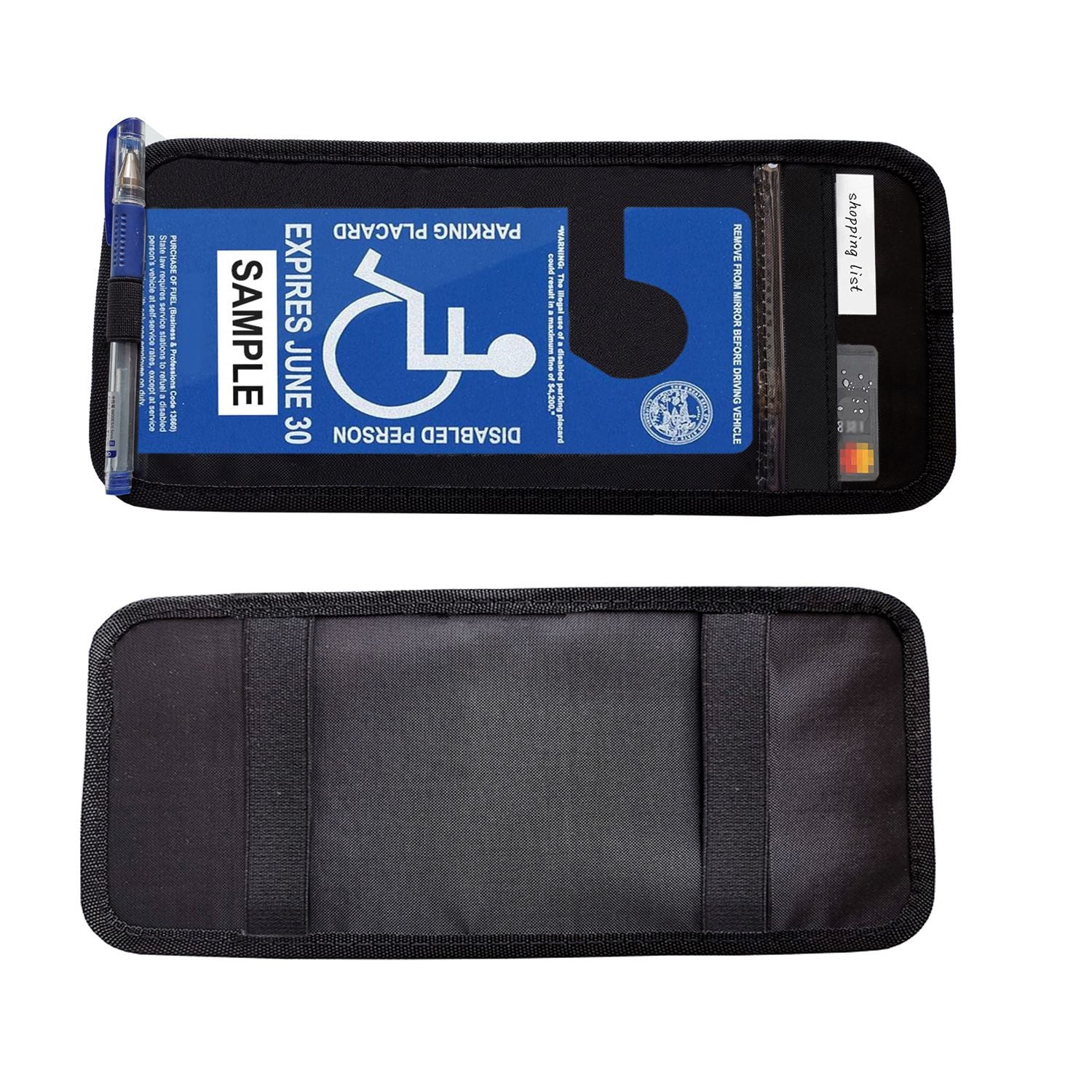 3pcs Handicap Placard Holder for Auto,  Disabled Parking Permit Sign Protector for Car Sun Visor with Note Paper Slot, Pen Holder and Elastic Strap - Black