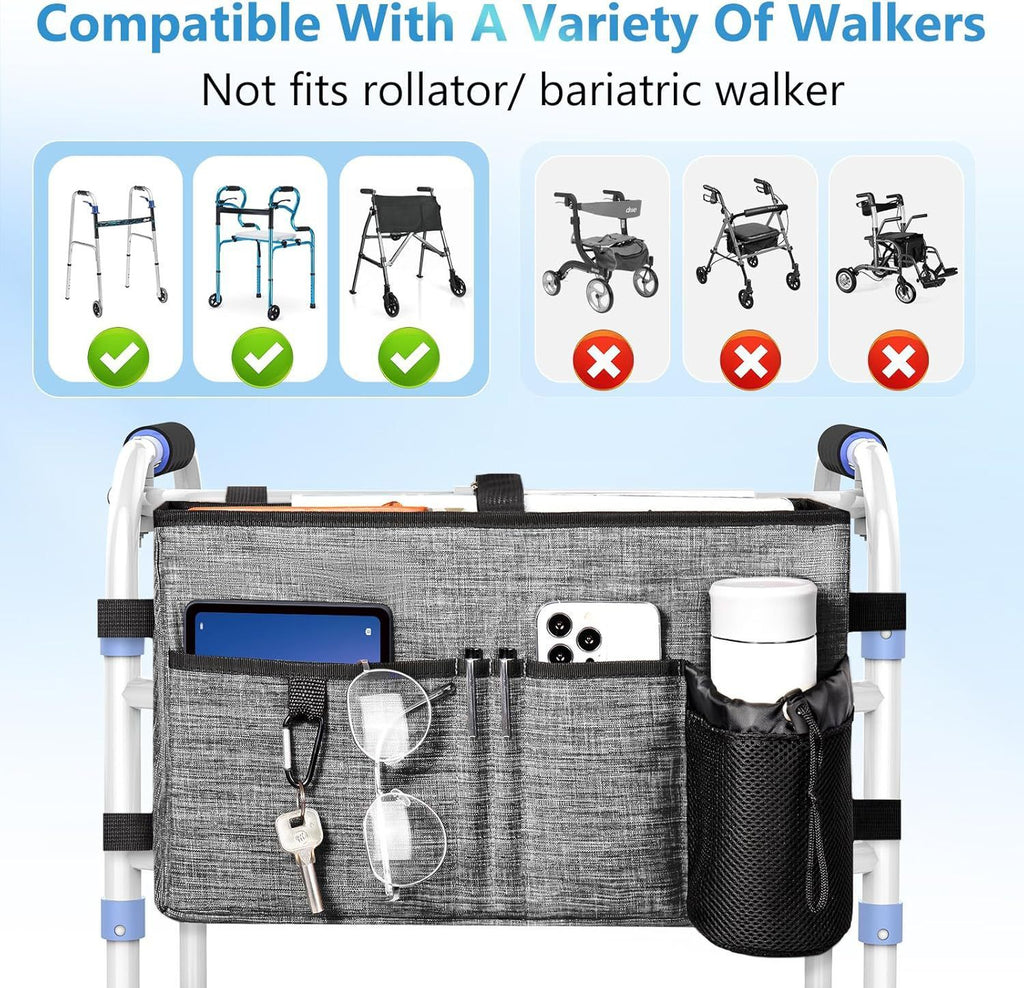 Multi Pockets Folding Walker Basket Tote Bag with Cup Holder, Hand-free Carry Pouch Storage Bag for Universal Walkers, Large Capacity Organizer for Seniors Elderly, Gray
