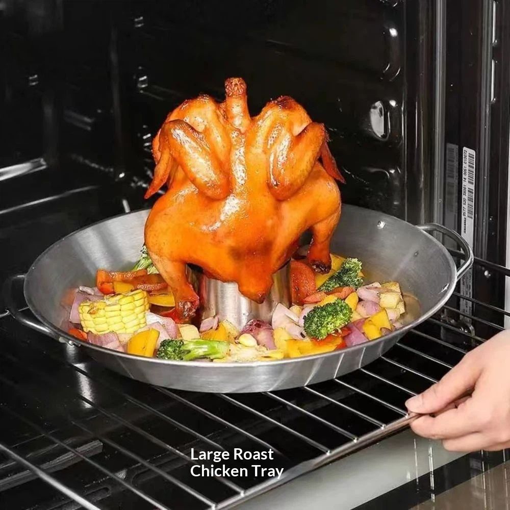 Beer Can Chicken Holder, 12 Inch Stainless Steel Grill, BBQ Roaster Cooker Stand Vertical Grilling Accessories Rack for Vegetables Basket Large Size Round Pan