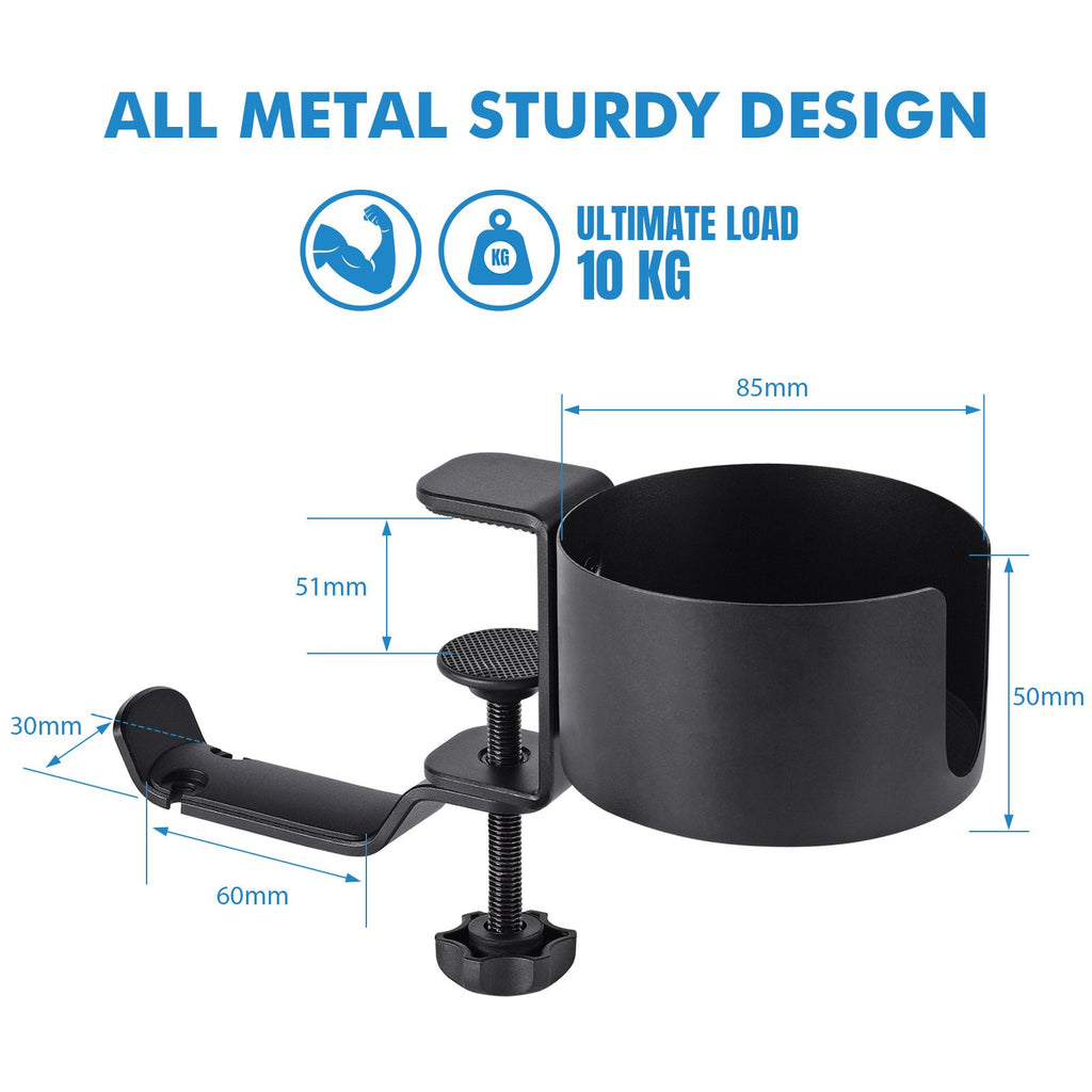 2 in 1 Desk Cup Holder with Headphone Hanger, Anti-Spill Cup Holder for Desk or Table, Easy to Install, Sturdy and Durable, Enough to Hold Coffee Mups, Water Bottles, Headphones