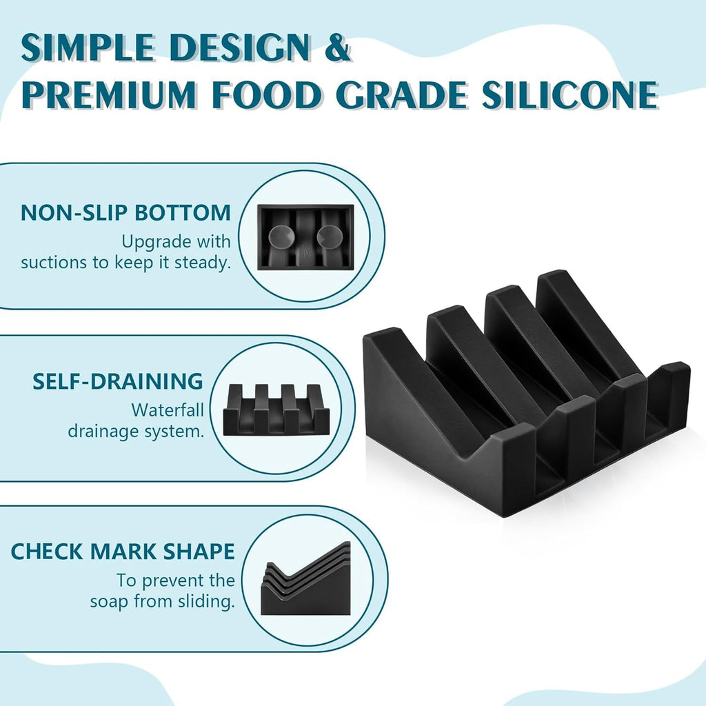 Self Draining Soap Dish,Silicone Suction Cup Soap Holder, Bathroom Soap Dish for Bar Soap,Can Extend Soap Life,Bathroom, Bath Tub, Kitchen Sink Black - 2 Pack