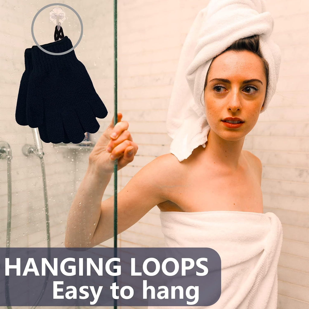 Exfoliating Dual Texture Bath Gloves for Shower, Spa, Massage and Body Scrubs, Dead Skin Cell Remover, Gloves with Hanging Loop (4 Pair Black+Blue Heavy Glove)