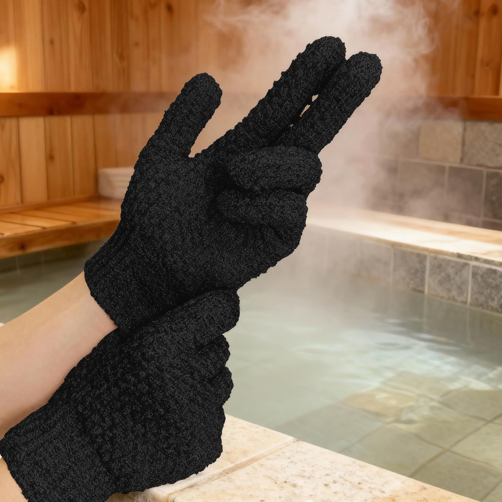 Exfoliating Dual Texture Bath Gloves for Shower, Spa, Massage and Body Scrubs, Dead Skin Cell Remover, Gloves with Hanging Loop (4 Pair Black+Blue Heavy Glove)