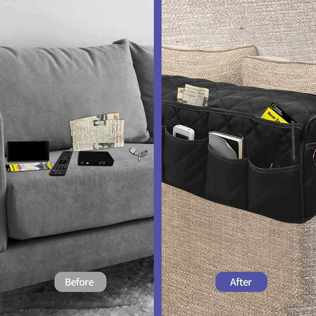 Armchair Caddy, Waterproof Sofa Armrest Organizer, Non Slip Recliner Organizer, Remote Holder for Recline, Recliner Caddy with Pockets Storage for TV Remote, Phone, Magazine (Black)