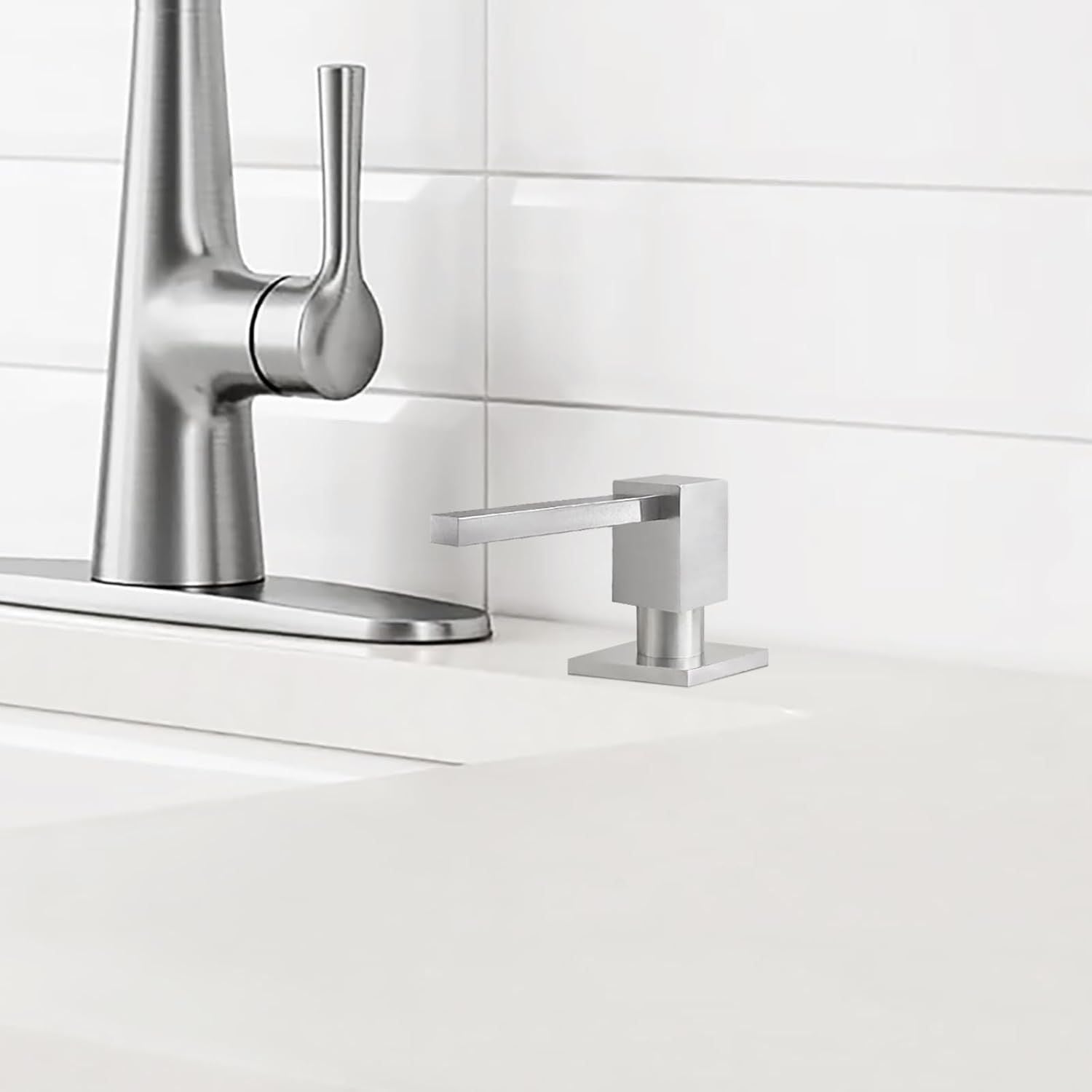 Sink Soap Dispenser for Kitchen Sink Brushed Nickel, All Brass Built-in and Refill from Top Design,Metal Hand Soap & Dish Soap Copper Pump