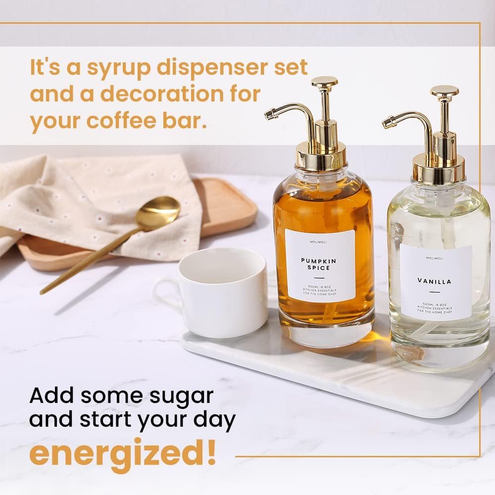 Syrup Dispenser for Coffee Bars, Glass Syrup Bottle w. Pump, 16.9 oz 500 ml, Set of 2, Gold Upgraded Dispenser