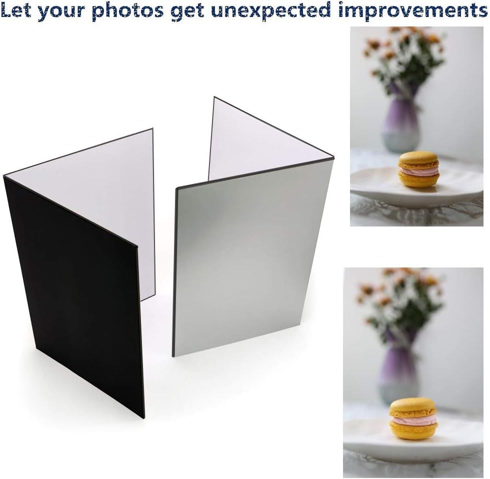 (2 Pcs) Light Reflector 3 in 1 Photography Reflector Cardboard, A4 (12x8 Inch) Size Folding Light Diffuser Board for Still Life, Product and Food Photo Shooting - Black, Silver and White, 2 Pack