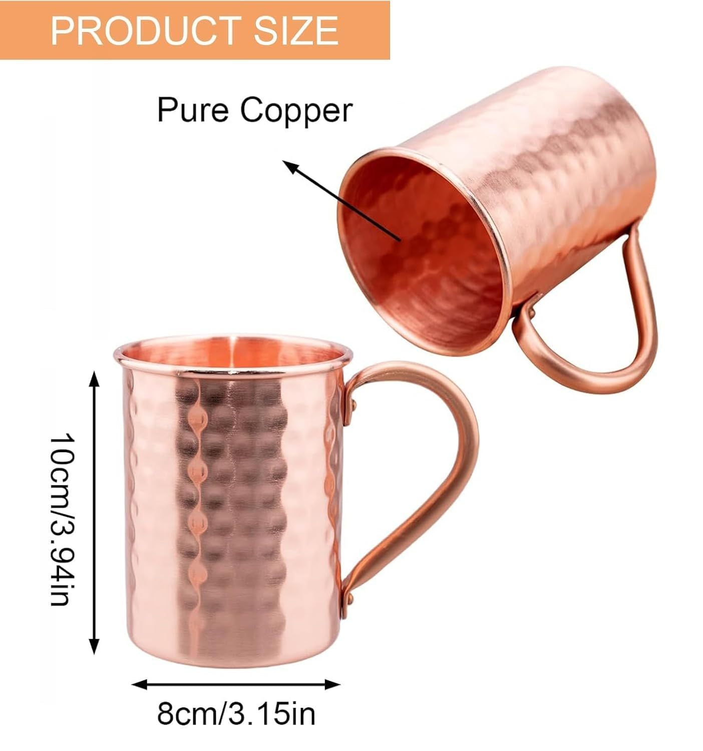 Copper  Copper Mug  Copper Interior Ideal for Health Benefits - Hand Hammered Finish - Authentic and Strong Riveited Handle - Holds 12.3oz 2pcs
