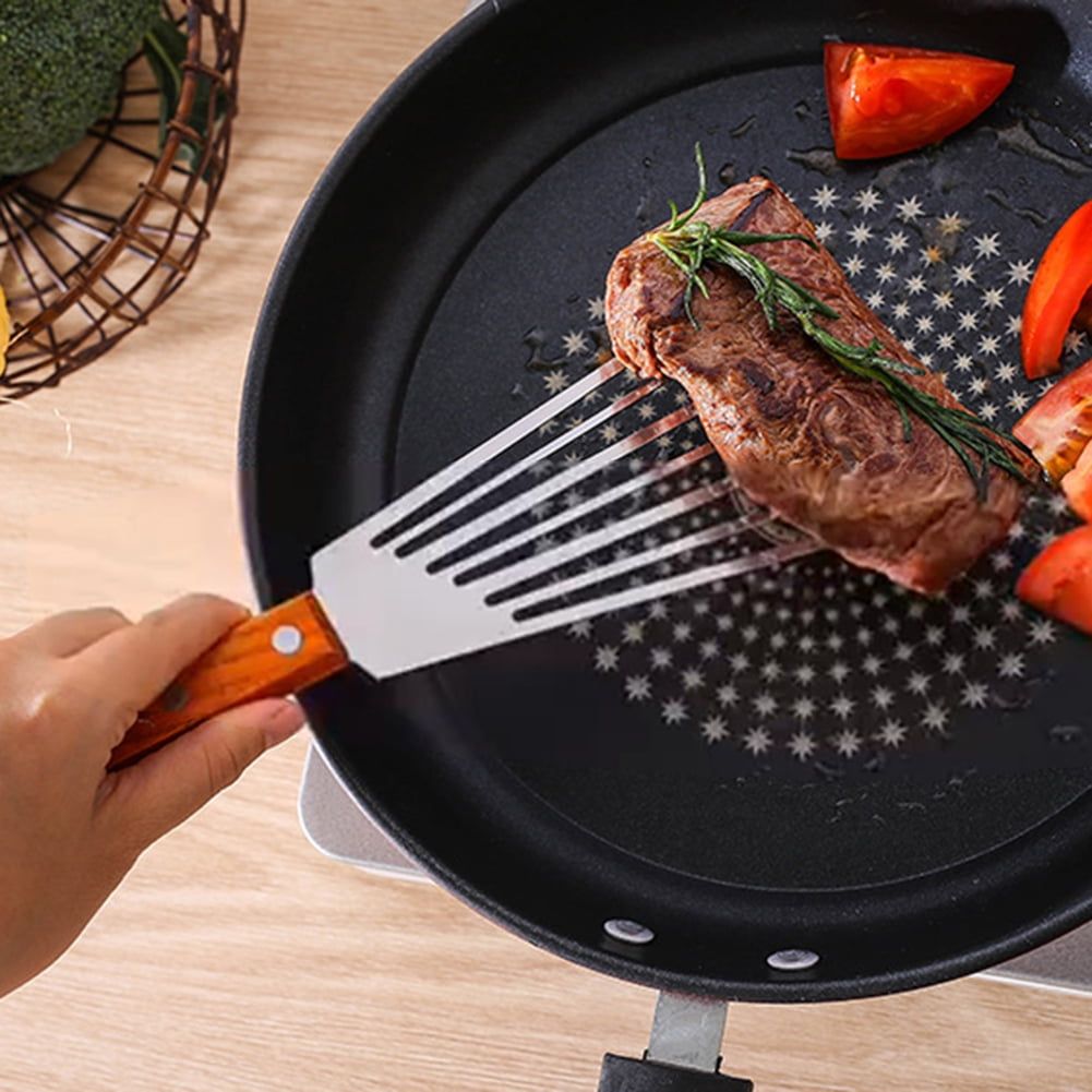 Set of 2,  Stainless Steel Slotted Spatula Turner with Riveted Wooden Handle, Professional Metal Spatulas Great for Kitchen Cooking Flipping Frying & Grilling