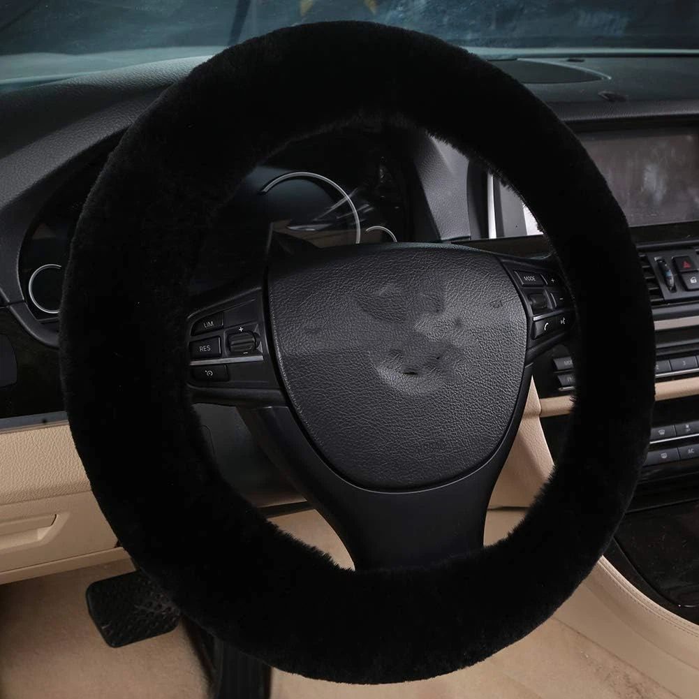 Fluffy Wool Sheepskin Fuzzy Black Car Steering Wheel Cover for Universal Auto Steering Wheel 15inch, Anti-Slip, Soft Plush, Comforting and Luxurious, Soft Texture (Black)