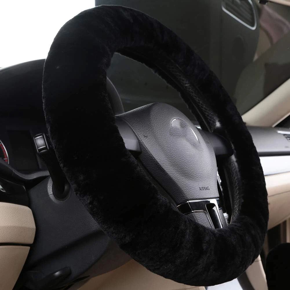 Fluffy Wool Sheepskin Fuzzy Black Car Steering Wheel Cover for Universal Auto Steering Wheel 15inch, Anti-Slip, Soft Plush, Comforting and Luxurious, Soft Texture (Black)