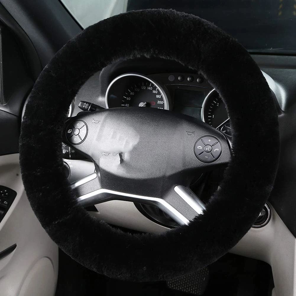 Fluffy Wool Sheepskin Fuzzy Black Car Steering Wheel Cover for Universal Auto Steering Wheel 15inch, Anti-Slip, Soft Plush, Comforting and Luxurious, Soft Texture (Black)