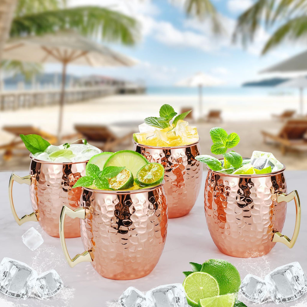 Set of 4, 17 OZ Hammered Copper Cups with 304 Stainless Steel Lining and Gold Brass Handles, for Cold Drinks, Beer, Wine, Bars, Parties