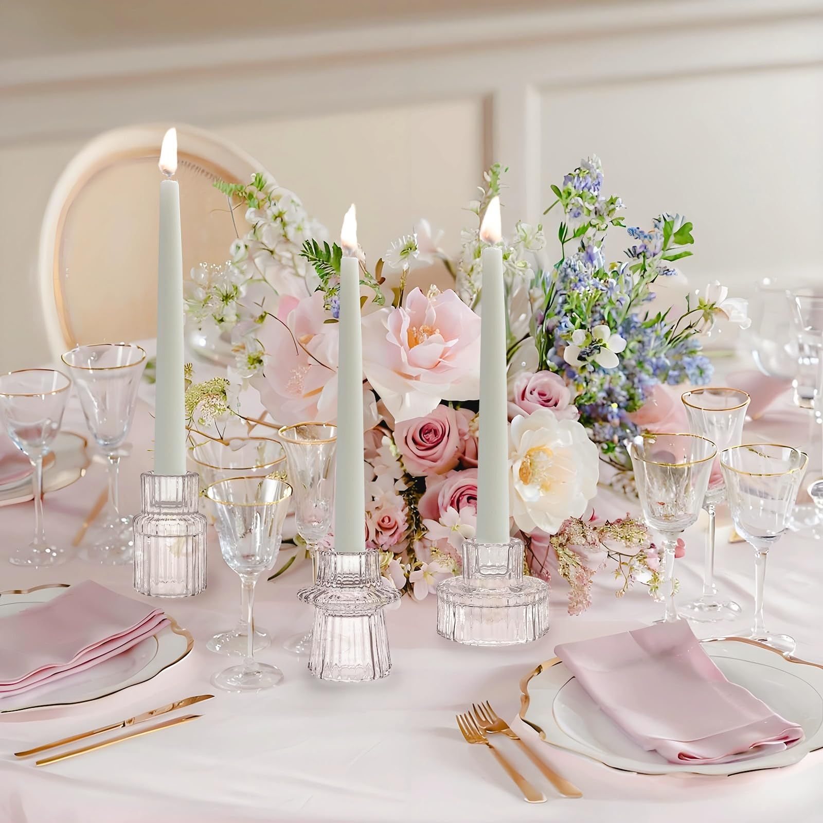 Glass Candlestick Holders Tealight Candle Holders for Table Centerpieces, Wedding Decor and Dinner Party (6 Pcs, Clear)