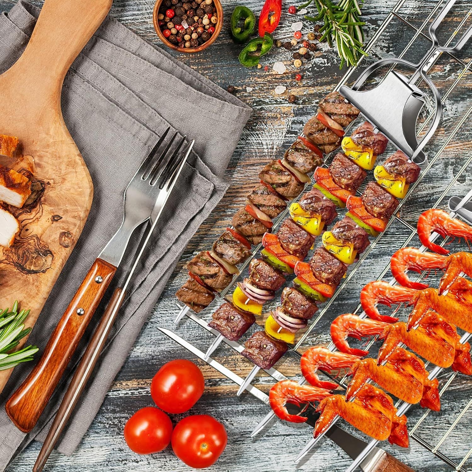 Skewers for kabobs,4-PCS 14 Inch 3-Prong Kabob Skewers for Grilling,Stainless Steel Skewer,With Push Bar Reusable Metal Skewer,Kabob Sticks,Perfect For Meat,Chicken,Sausages,Veggies,shrimp