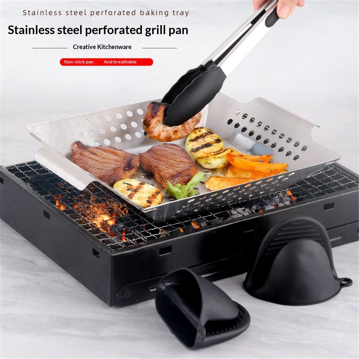 Grill Basket, Stainless Steel Grilling Basket, BBQ Grill Basket Wok  for Vegetable, Kabobs, Shrimps, Heavy Duty Stainless Steel Grilling Accessories for All Grills, Dishwasher Safe